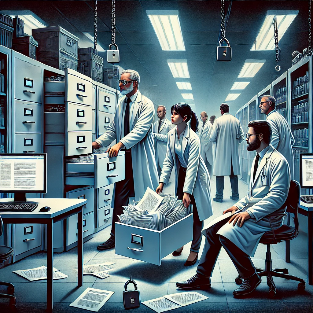 Scientists in a modern laboratory look concerned as government officials remove research papers and lock filing cabinets, representing restrictions on science and research.